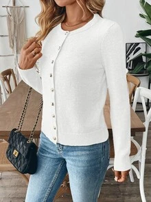 EMERY ROSE Women's Solid Color Open Front Casual Long Sleeve White Cardigan Fall Winter Cloth For Women - White - View 6