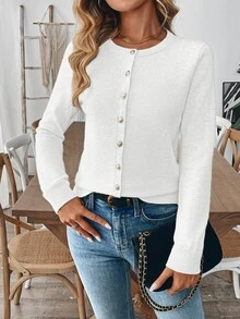 EMERY ROSE Women's Solid Color Open Front Casual Long Sleeve White Cardigan Fall Winter Cloth For Women - White - View 5
