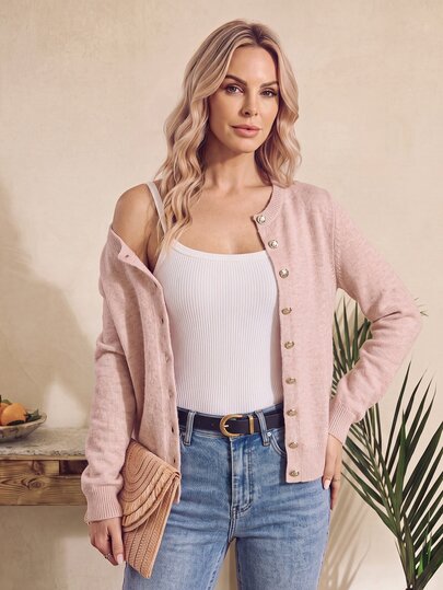SHEIN Women's Solid Color Minimalist Everyday Knit Cardigan
