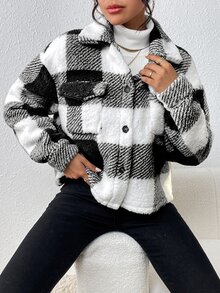 SHEIN 休閒女款幻想風簡約荷葉邊格紋夾克 - 黑色 - 查看 7