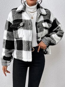 SHEIN 休閒女款幻想風簡約荷葉邊格紋夾克 - 黑色 - 查看 4