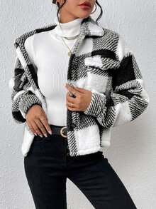 SHEIN 休閒女款幻想風簡約荷葉邊格紋夾克 - 黑色 - 查看 5