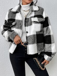SHEIN 休閒女款幻想風簡約荷葉邊格紋夾克 - 黑色 - 查看 6