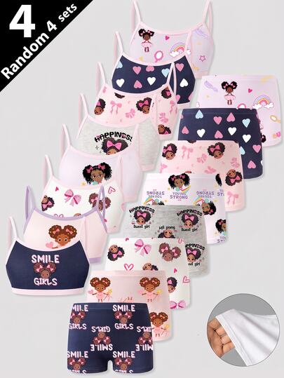 Random 2 Sets Pink Series Heart Cute Print Short Camisole Top And Four-Corner Briefs Soft 4-Piece Underwear Set For Young Girls. Then Change Top And Bottom Quantity To 2