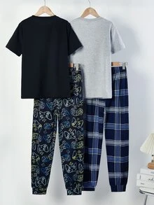 4件組男孩紳士格紋短袖純色口袋上衣 + 黑粉灰遊戲機印花短褲睡衣套裝 休閒可愛居家服 - 彩色 - 查看 3