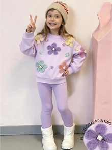 [Printed Design] Young Girls Cute Floral Print Sweatshirt And Leggings 2 Pieces Set - Purple Soft Comfortable Outfit Autumn Fall 7th Birthday Baby - Multicolor - View 2