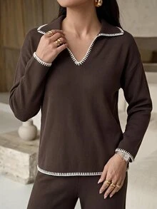 Mulvari Contrast Trim Drop Shoulder Sweater & Knit Pants - Coffee Brown - View 3