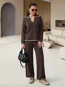 Mulvari Contrast Trim Drop Shoulder Sweater & Knit Pants - Coffee Brown - View 1