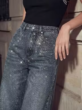 Anewsta Denim de Perna Larga Casual e Desbotado Deslumbrante