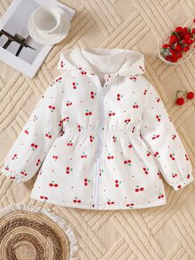 SHEIN 女童 4-7 歲可愛櫻桃圖案保暖內裡連帽外套，秋冬百搭日常保暖長袖鋪棉外套 - 白色 - 查看 10