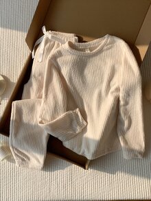 Comfortcana 纯色罗纹针织家居服套装 白色套装 家居服套装 舒适套装 女士家居服套装，舒适优雅的细节，秋冬服装，蓬松柔软 - 白色 - 查看 8