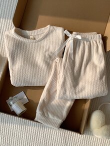 Comfortcana 纯色罗纹针织家居服套装 白色套装 家居服套装 舒适套装 女士家居服套装，舒适优雅的细节，秋冬服装，蓬松柔软 - 白色 - 查看 7