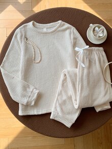 Comfortcana 纯色罗纹针织家居服套装 白色套装 家居服套装 舒适套装 女士家居服套装，舒适优雅的细节，秋冬服装，蓬松柔软 - 白色 - 查看 4