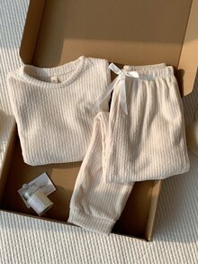 Comfortcana 纯色罗纹针织家居服套装 白色套装 家居服套装 舒适套装 女士家居服套装，舒适优雅的细节，秋冬服装，蓬松柔软 - 白色 - 查看 6