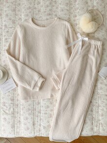 Comfortcana 纯色罗纹针织家居服套装 白色套装 家居服套装 舒适套装 女士家居服套装，舒适优雅的细节，秋冬服装，蓬松柔软 - 白色 - 查看 5