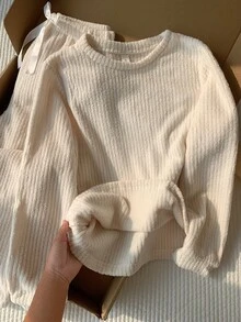 Comfortcana 纯色罗纹针织家居服套装 白色套装 家居服套装 舒适套装 女士家居服套装，舒适优雅的细节，秋冬服装，蓬松柔软 - 白色 - 查看 9