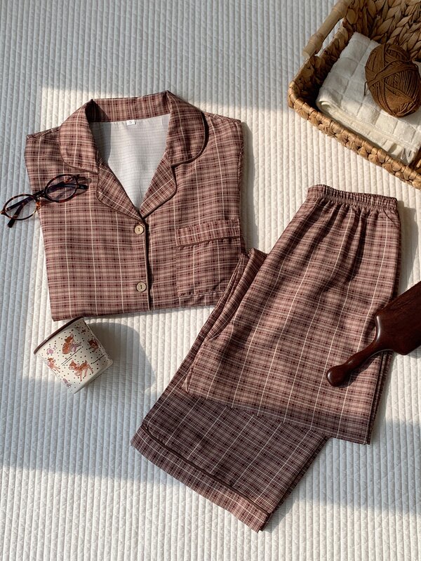 Comfortcana 格子印花纽扣领长袖上衣和裤子睡衣套装 秋冬服装