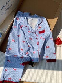 Comfortcana 女士条纹蝴蝶结印花长袖上衣和裤子睡衣套装，可爱清新，适合春秋季假期穿着。条纹蝴蝶结睡衣，秋冬季服装，蝴蝶结印花睡衣。 - 藍色 - 查看 3