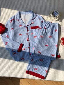 Comfortcana 女士条纹蝴蝶结印花长袖上衣和裤子睡衣套装，可爱清新，适合春秋季假期穿着。条纹蝴蝶结睡衣，秋冬季服装，蝴蝶结印花睡衣。 - 藍色 - 查看 6