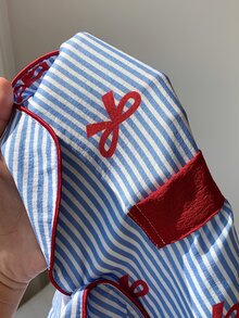 Comfortcana 女士条纹蝴蝶结印花长袖上衣和裤子睡衣套装，可爱清新，适合春秋季假期穿着。条纹蝴蝶结睡衣，秋冬季服装，蝴蝶结印花睡衣。 - 藍色 - 查看 4