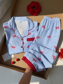 Comfortcana 女士条纹蝴蝶结印花长袖上衣和裤子睡衣套装，可爱清新，适合春秋季假期穿着。条纹蝴蝶结睡衣，秋冬季服装，蝴蝶结印花睡衣。 - 藍色 - 查看 1