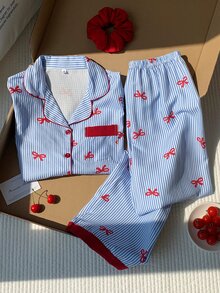 Comfortcana 女士条纹蝴蝶结印花长袖上衣和裤子睡衣套装，可爱清新，适合春秋季假期穿着。条纹蝴蝶结睡衣，秋冬季服装，蝴蝶结印花睡衣。 - 藍色 - 查看 5