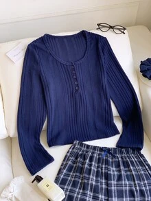 Comfortcana 两件套女士休闲纯色圆领半拉链抓绒长袖上衣和格子印花长裤睡衣套装，秋冬服装，舒适保暖 - 藏蓝色 - 查看 5