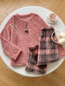 Comfortcana Set Piyama Lembut dan Nyaman, Atasan Lengan Panjang dan Celana Kotak-kotak, Musim Gugur/Musim Dingin - Dusty Pink - View 5