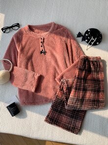 Comfortcana Set Piyama Lembut dan Nyaman, Atasan Lengan Panjang dan Celana Kotak-kotak, Musim Gugur/Musim Dingin - Dusty Pink - View 3
