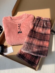 Comfortcana Set Piyama Lembut dan Nyaman, Atasan Lengan Panjang dan Celana Kotak-kotak, Musim Gugur/Musim Dingin - Dusty Pink - View 4