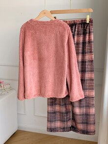 Comfortcana Set Piyama Lembut dan Nyaman, Atasan Lengan Panjang dan Celana Kotak-kotak, Musim Gugur/Musim Dingin - Dusty Pink - View 2