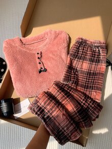 Comfortcana Set Piyama Lembut dan Nyaman, Atasan Lengan Panjang dan Celana Kotak-kotak, Musim Gugur/Musim Dingin - Dusty Pink - View 1
