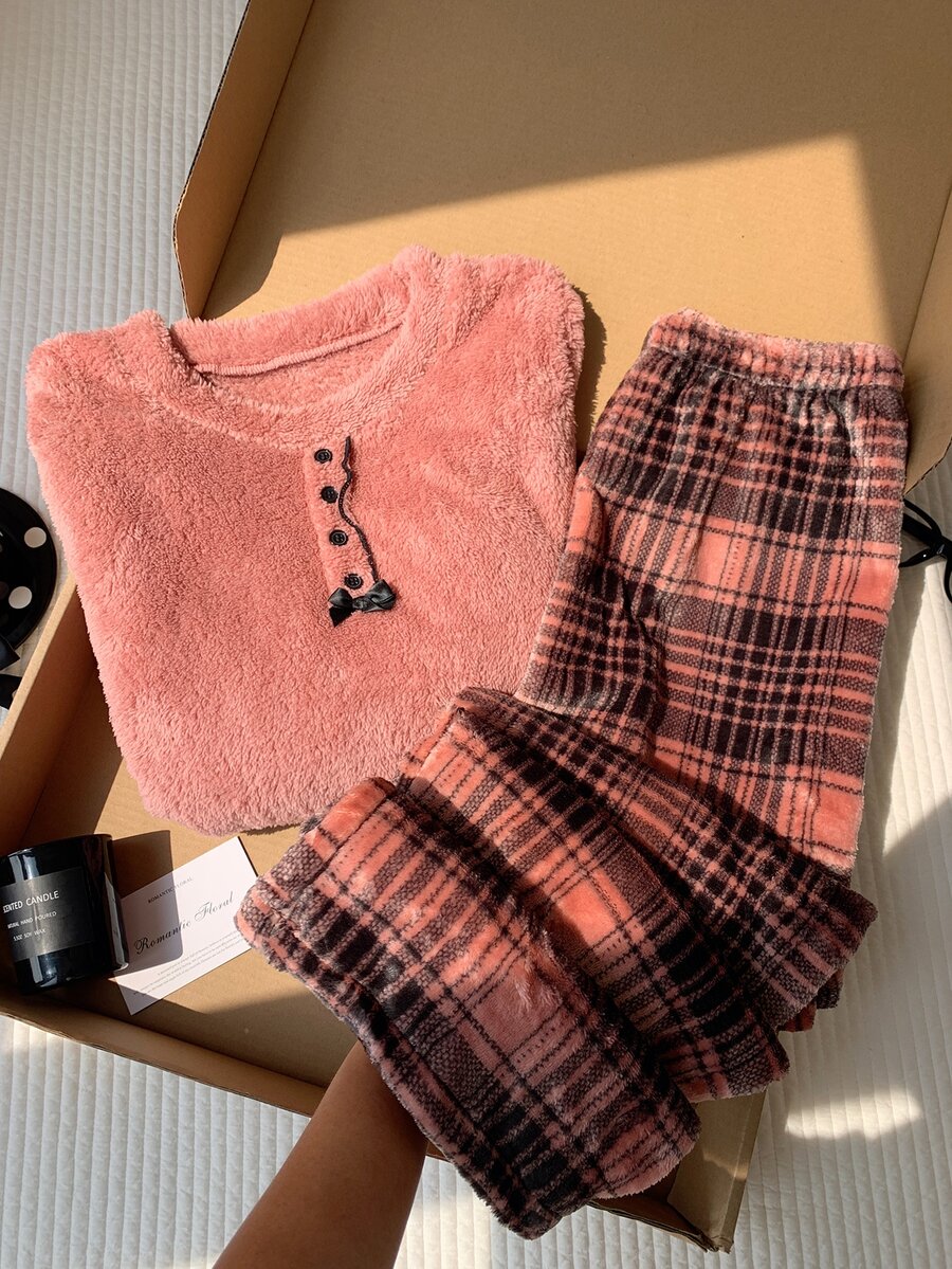Comfortcana Set Piyama Lembut dan Nyaman, Atasan Lengan Panjang dan Celana Kotak-kotak, Musim Gugur/Musim Dingin - Dusty Pink - View 1