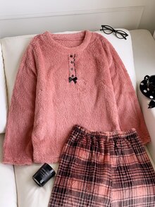 Comfortcana Set Piyama Lembut dan Nyaman, Atasan Lengan Panjang dan Celana Kotak-kotak, Musim Gugur/Musim Dingin - Dusty Pink - View 7