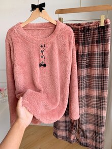 Comfortcana Set Piyama Lembut dan Nyaman, Atasan Lengan Panjang dan Celana Kotak-kotak, Musim Gugur/Musim Dingin - Dusty Pink - View 6