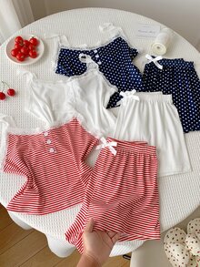 Comfortcana 6pcs Women's Casual Fitted Faux Placket Lace Patchwork Floral Print Camisole & Shorts Pajama Set - Multicolor - View 1