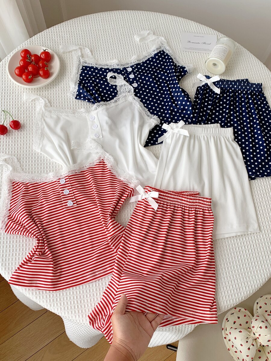 Comfortcana 6pcs Women's Casual Fitted Faux Placket Lace Patchwork Floral Print Camisole & Shorts Pajama Set - Multicolor - View 1