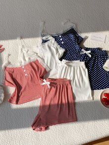 Comfortcana 6pcs Women's Casual Fitted Faux Placket Lace Patchwork Floral Print Camisole & Shorts Pajama Set - Multicolor - View 3
