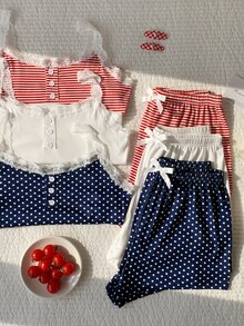 Comfortcana 6pcs Women's Casual Fitted Faux Placket Lace Patchwork Floral Print Camisole & Shorts Pajama Set - Multicolor - View 6