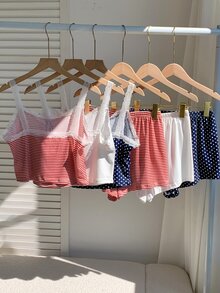 Comfortcana 6pcs Women's Casual Fitted Faux Placket Lace Patchwork Floral Print Camisole & Shorts Pajama Set - Multicolor - View 2