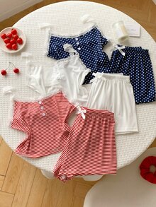 Comfortcana 6pcs Women's Casual Fitted Faux Placket Lace Patchwork Floral Print Camisole & Shorts Pajama Set - Multicolor - View 8