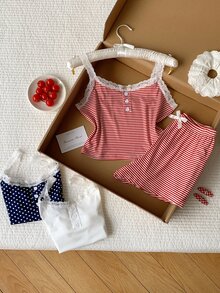 Comfortcana 6pcs Women's Casual Fitted Faux Placket Lace Patchwork Floral Print Camisole & Shorts Pajama Set - Multicolor - View 7