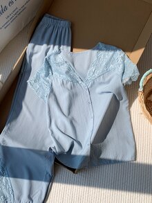 Comfortcana 蕾丝拼布透明肩前开短袖睡衣套装 - 淺藍色 - 查看 4