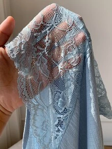 Comfortcana 蕾丝拼布透明肩前开短袖睡衣套装 - 淺藍色 - 查看 7