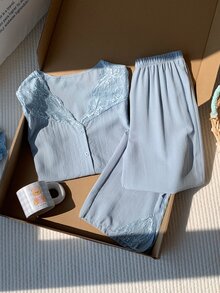 Comfortcana 蕾丝拼布透明肩前开短袖睡衣套装 - 淺藍色 - 查看 3