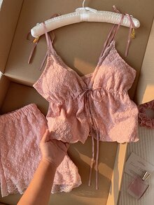 Comfortcana 撞色蕾丝女士吊带背心和短裤睡衣套装 - 粉色 - 查看 7
