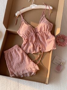 Comfortcana 撞色蕾丝女士吊带背心和短裤睡衣套装 - 粉色 - 查看 3