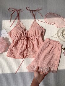 Comfortcana 撞色蕾丝女士吊带背心和短裤睡衣套装 - 粉色 - 查看 8