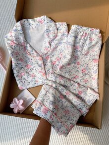 Comfortcana 花卉印花翻领短袖睡裤睡衣套装 - 彩色 - 查看 4