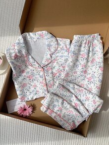 Comfortcana 花卉印花翻领短袖睡裤睡衣套装 - 彩色 - 查看 1